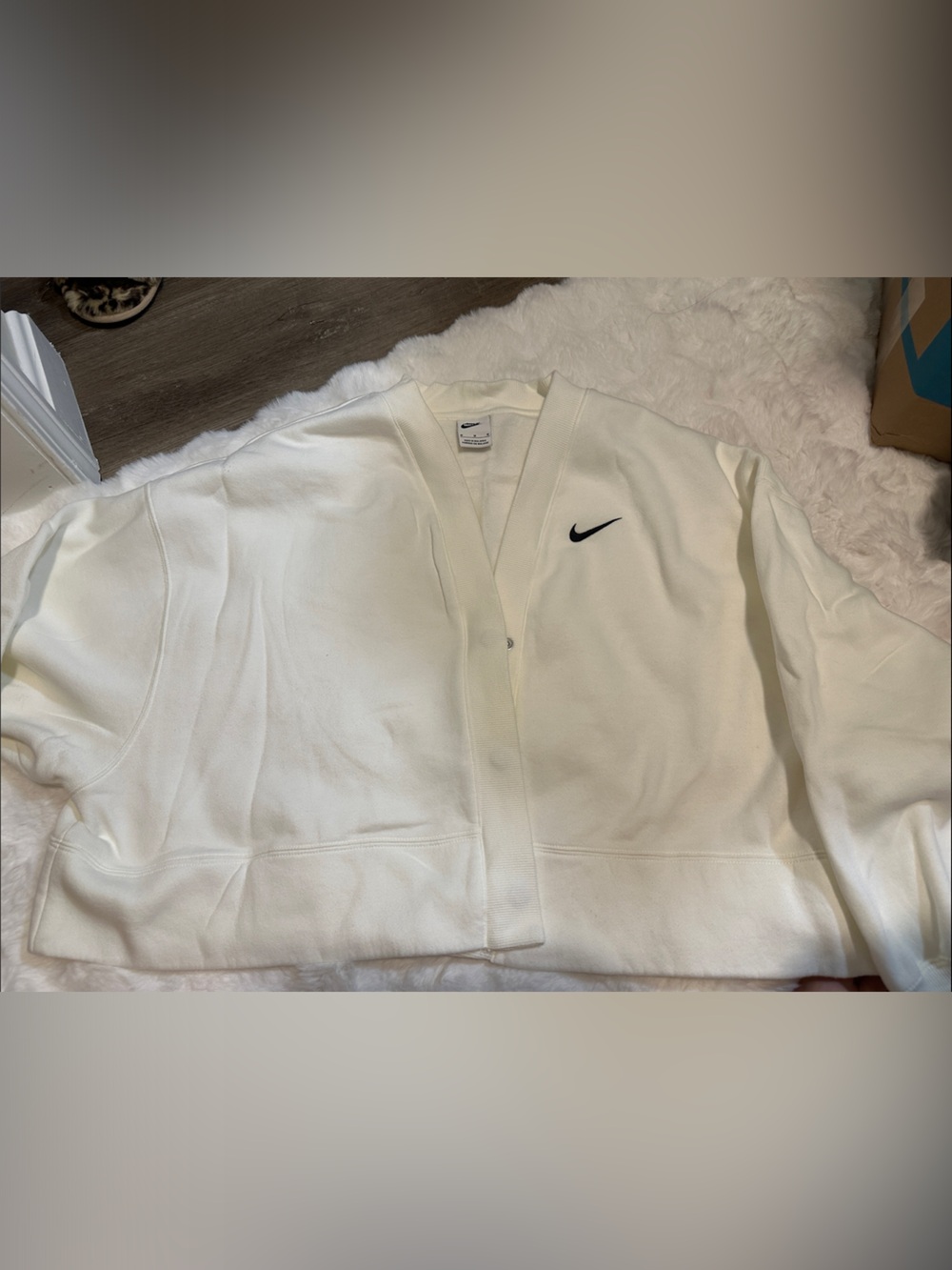 Nike White Button-Front Varsity Cardigan with Black Swoosh